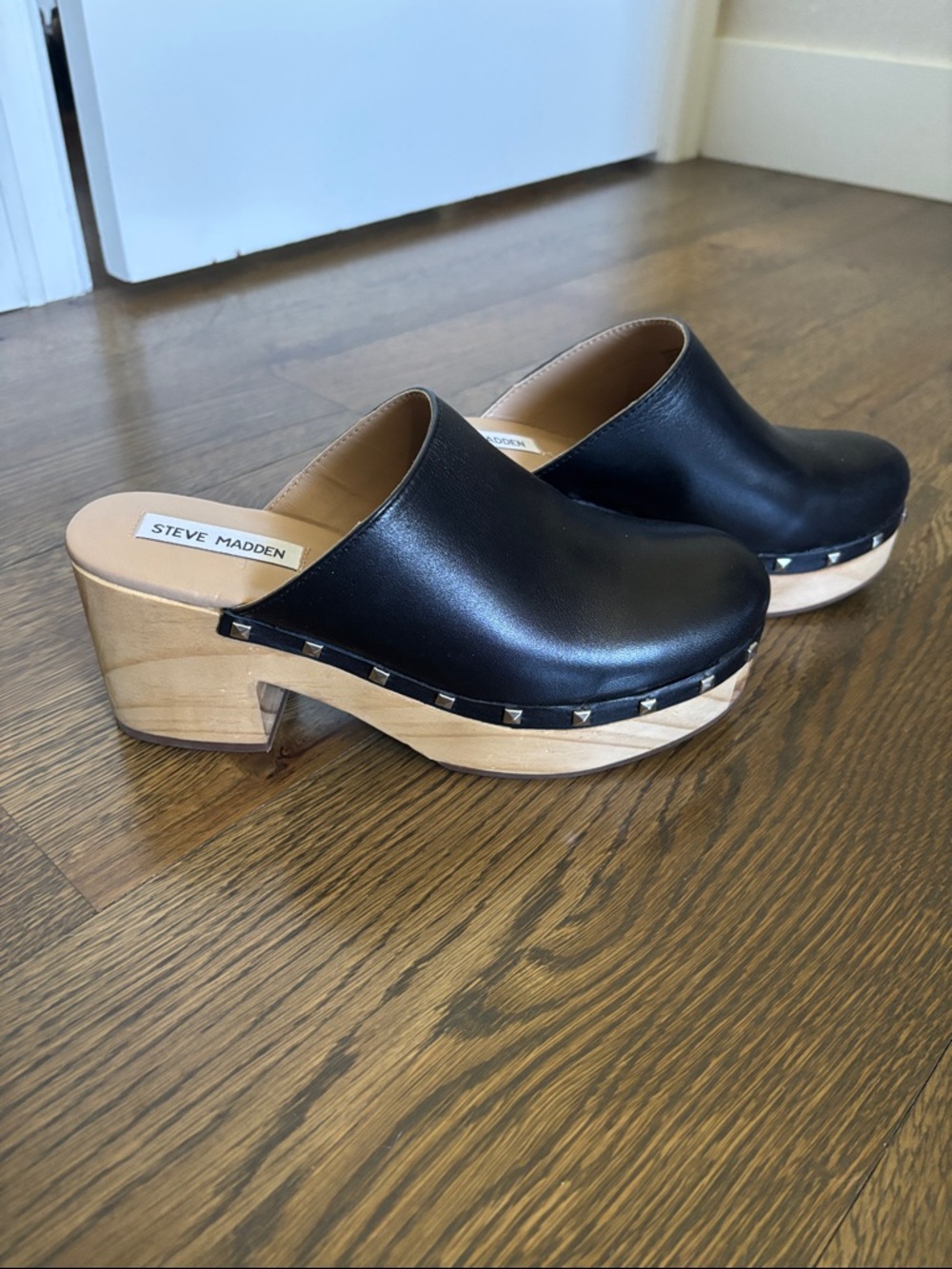 Steve Madden Black Leather Studded Wooden Clogs